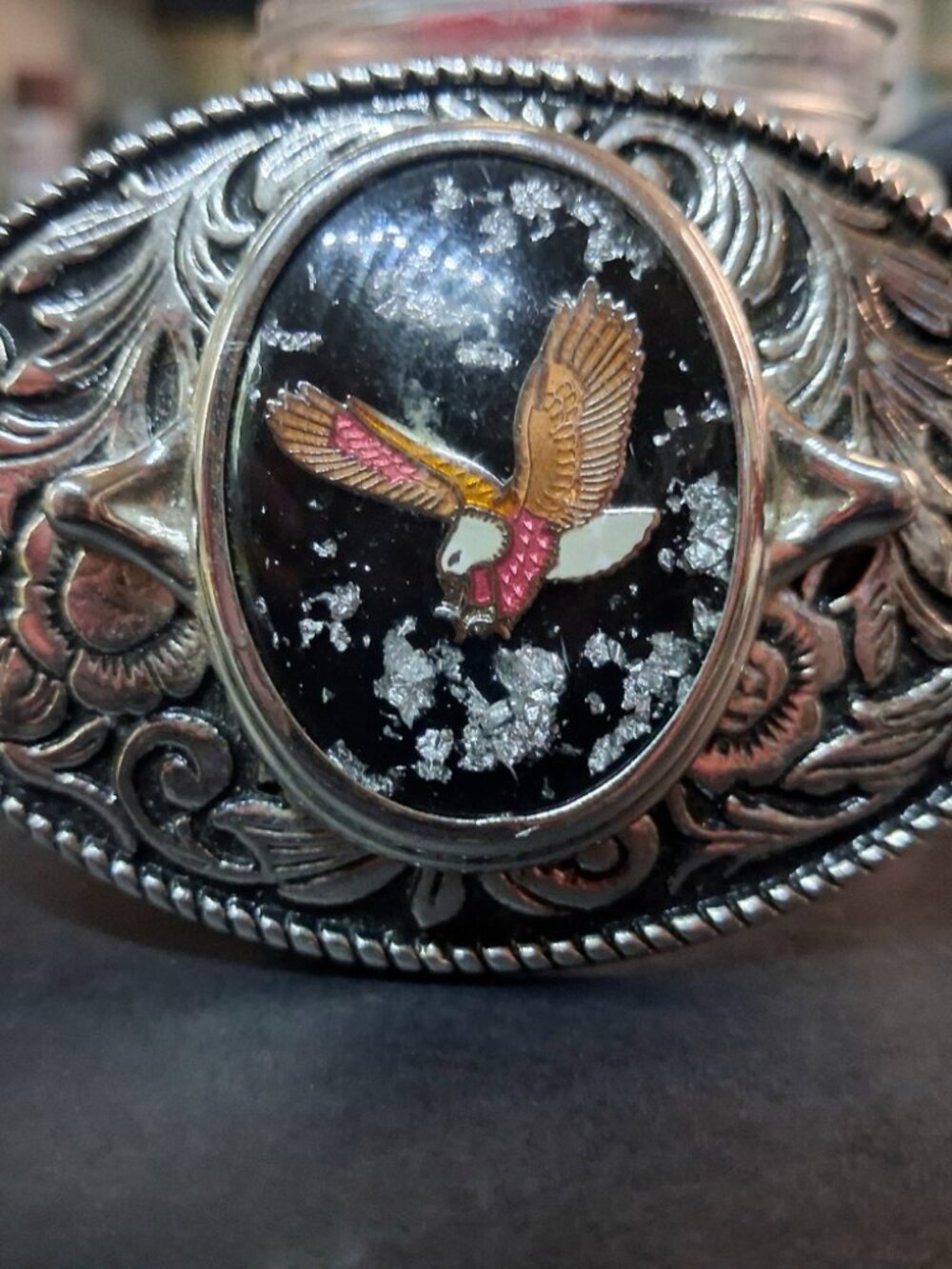 Vintage USA Belt Buckle Soaring Eagle Enamel Cabochon Silver Flake Scrollwork